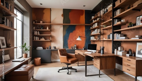 A modern home office with a wooden desk, leather chair, and shelving units on the walls. The room has a warm, cozy atmosphere with a large abstract painting on the wall