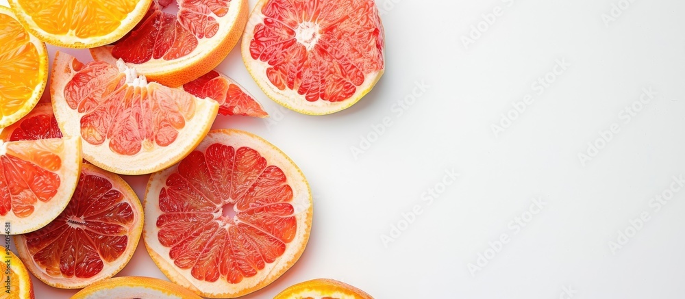 Sliced grapefruit against a white background. Copy space image. Place for adding text and design Sliced grapefruit against a white background. Copy space image. Place for adding text and design