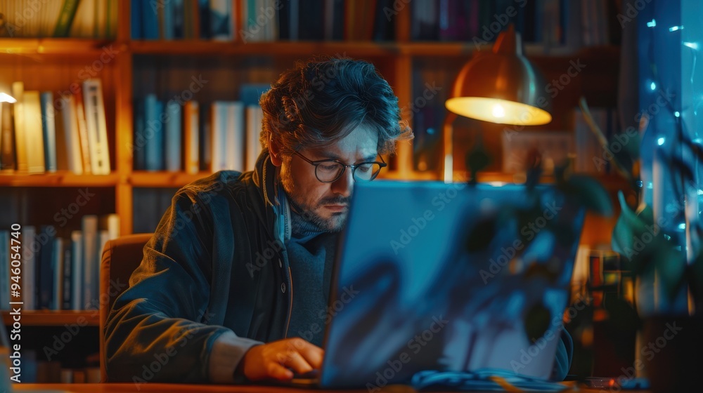 An adult engaged in an online course, attentively watching video lectures and participating in discussion forums to enhance their learning An adult engaged in an online course, attentively watching video lectures and participating in discussion forums to enhance their learning