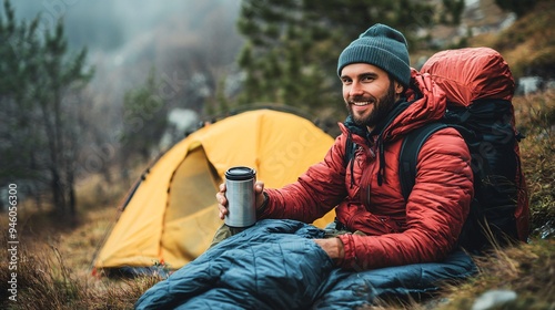 Adventure Camping: Male Camper with Thermos Enjoying Nature