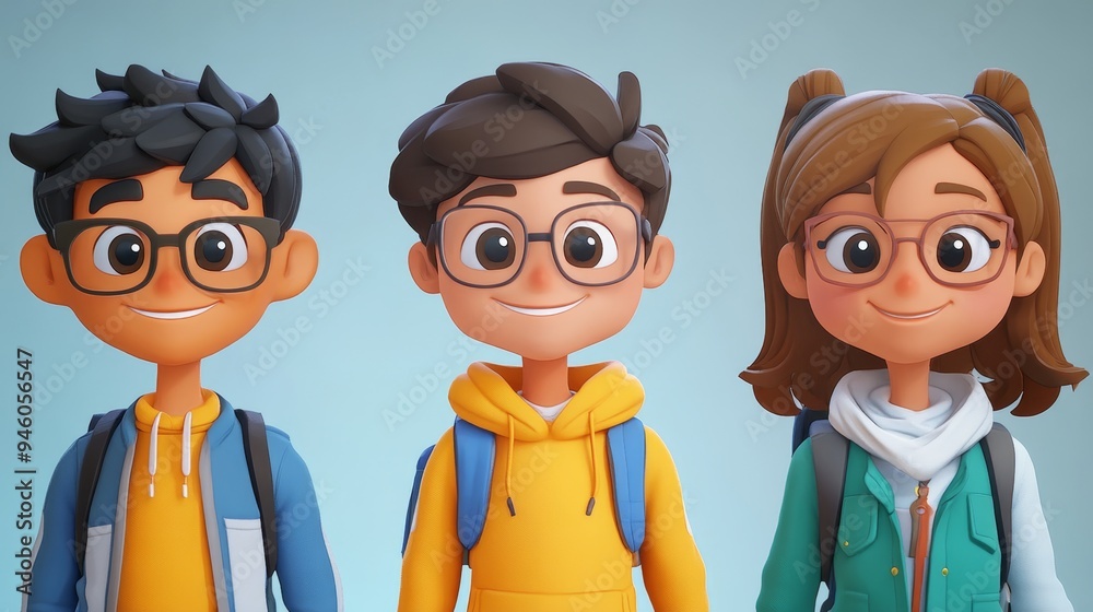 D Cartoon Friends Smiling With Backpacks D Cartoon Friends Smiling With Backpacks