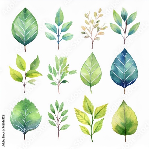 Set of spring leaves. watercolor Vector illustration