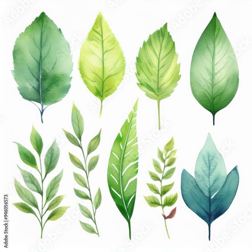 Set of spring leaves. watercolor Vector illustration