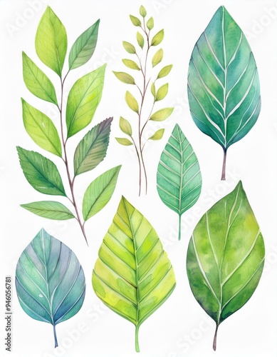 Set of spring leaves. watercolor Vector illustration