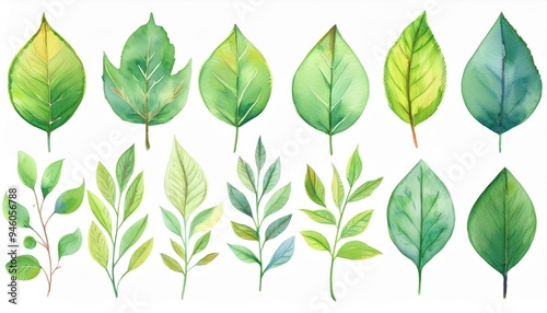 Set of spring leaves.  watercolor Vector illustration