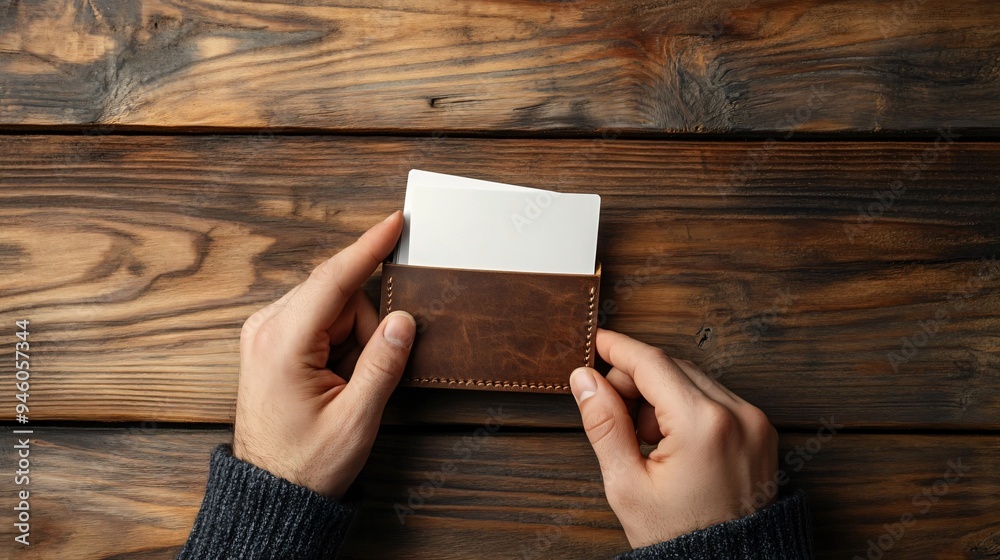 Stylish Man Holding Leather Business Card Holder with Blank Card Stylish Man Holding Leather Business Card Holder with Blank Card