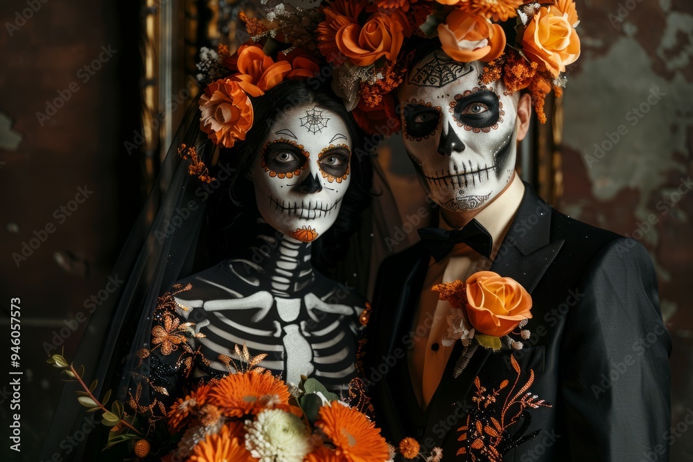 Romantic zombie or skeleton couple in dressed in wedding clothes. Romantic zombie or skeleton couple in dressed in wedding clothes.