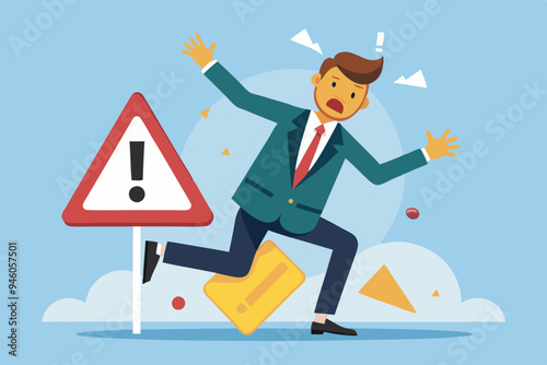 Caution or mistake attention, risk alarm with exclamation point symbol, error or failure warning, bankruptcy notice alert, problem attention concept, frustrated businessman fall under attention sign. 