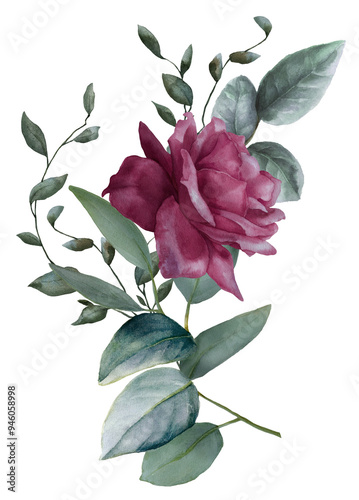 Canvastavla Watercolor floral border, red and white flower bouquets, png illustration
