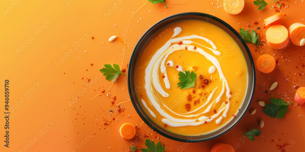 Top view of bowl of carrots cream soup on orange background. Seasonal food. Top view of bowl of carrots cream soup on orange background. Seasonal food.
