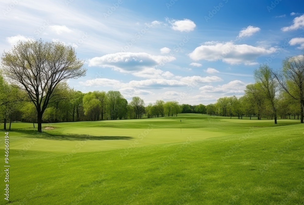 Naklejka premium Golf Course Green with Trees and a Blue Sky