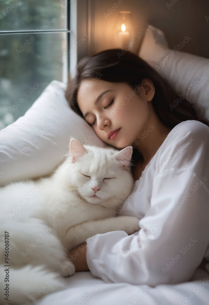 A girl sleeps in bed with a white cat. A girl sleeps in bed with a white cat.