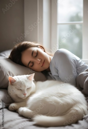 A girl sleeps in bed with a white cat.