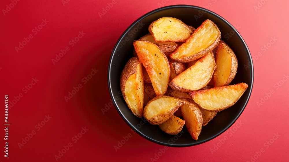 Close up of Frozen pre-cooked yellow sliced potatoes in a black bowl, isolated on a red surface. Ai generated image Close up of Frozen pre-cooked yellow sliced potatoes in a black bowl, isolated on a red surface. Ai generated image
