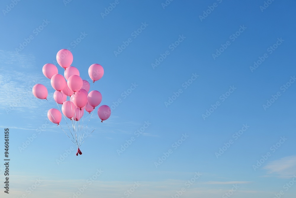 Pink Balloon Release: A skyward view of dozens of pink balloons being released into the clear blue sky, symbolizing hope and remembrance. The balloons should vary in shades of pink, and a few clouds c Pink Balloon Release: A skyward view of dozens of pink balloons being released into the clear blue sky, symbolizing hope and remembrance. The balloons should vary in shades of pink, and a few clouds c