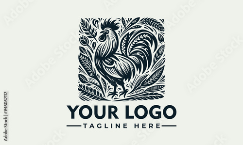 Vector logo illustration rooster with intricate stylized feathers. Detailed design suitable for farmthemed logos, packaging, and decorative prints.