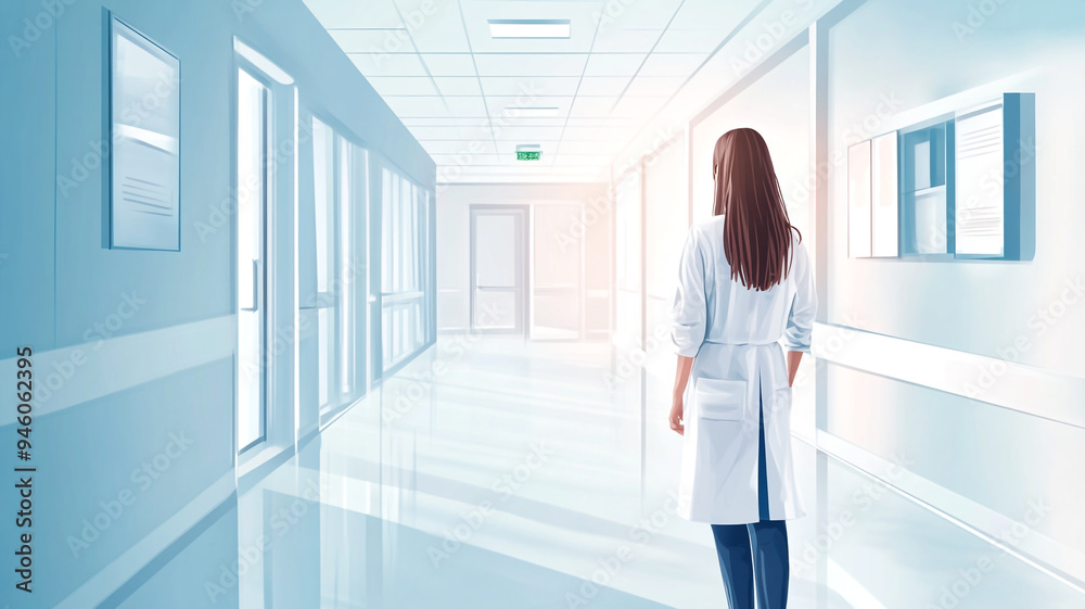 A healthcare professional walks through a bright, modern hospital corridor during the day A healthcare professional walks through a bright, modern hospital corridor during the day