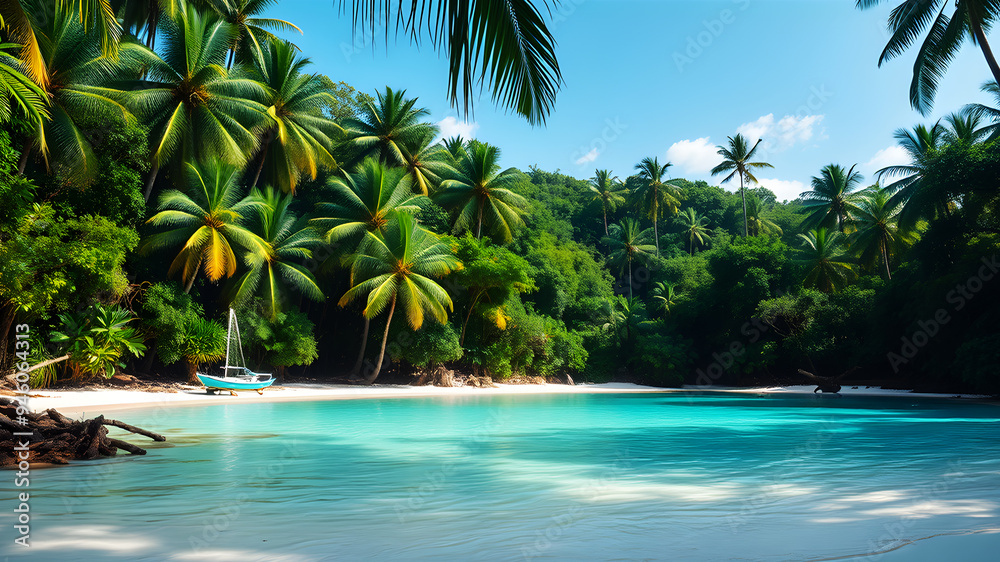 A tropical beach with crystal-clear turquoise waters and white sand A tropical beach with crystal-clear turquoise waters and white sand