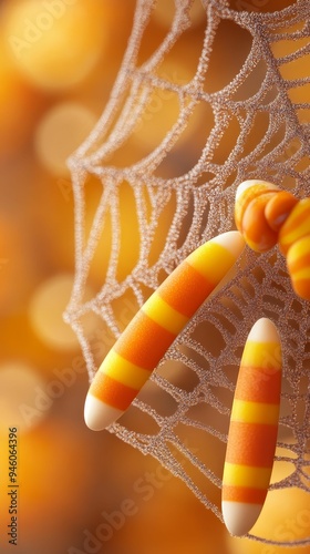 Candy corn spider web, intricate and spooky design, 3D illustration photo