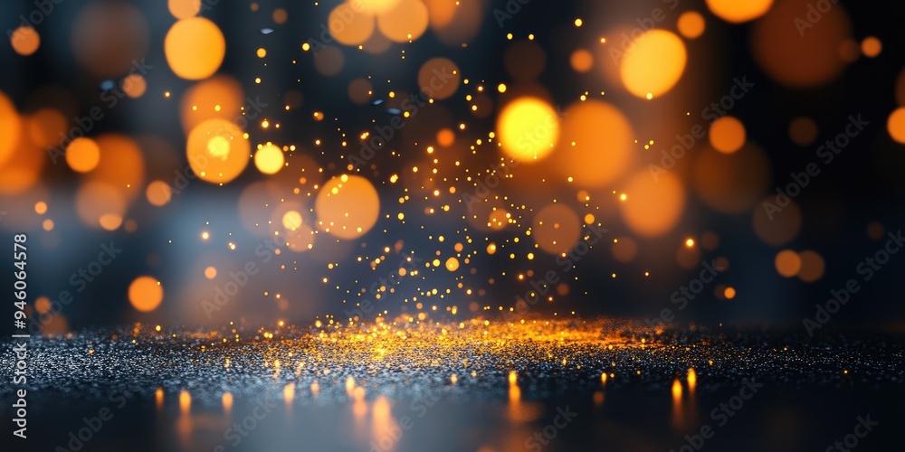 A magical swirl of glowing golden particles dances in the air, creating a mesmerizing effect against a dark background in a captivating display of light and color. Autumn background. A magical swirl of glowing golden particles dances in the air, creating a mesmerizing effect against a dark background in a captivating display of light and color. Autumn background.