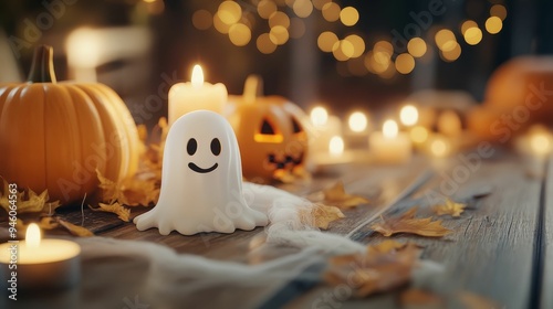 Ghosts and decorations around a Halloween table, warm candlelight, 3D illustration photo