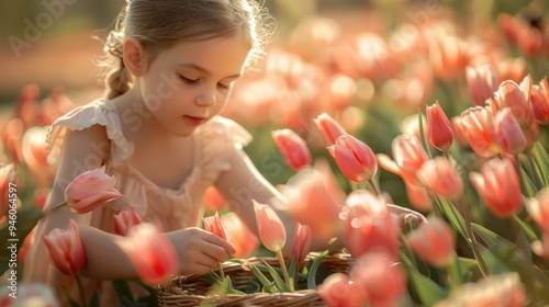 A Young Girl Picking Pink Tulips in a Field photo