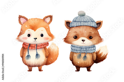 Vector watercolor winter fox in sweater and red hat, scarf design for new year card, merry christmas card, cute bear character isolated on white winter friends animals trendy