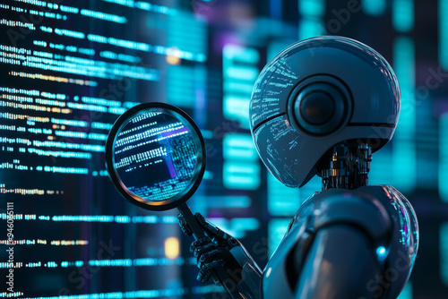 Obraz na płótnie An AI robot with a magnifying glass, inspecting lines of code on a digital screen, symbolizing artificial intelligence in cybersecurity for threat detection w salonie