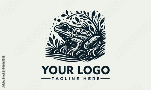 Vector logo drawing of a frog sitting in grass. Ideal for naturethemed designs, educational materials, and wildlife conservation campaigns.