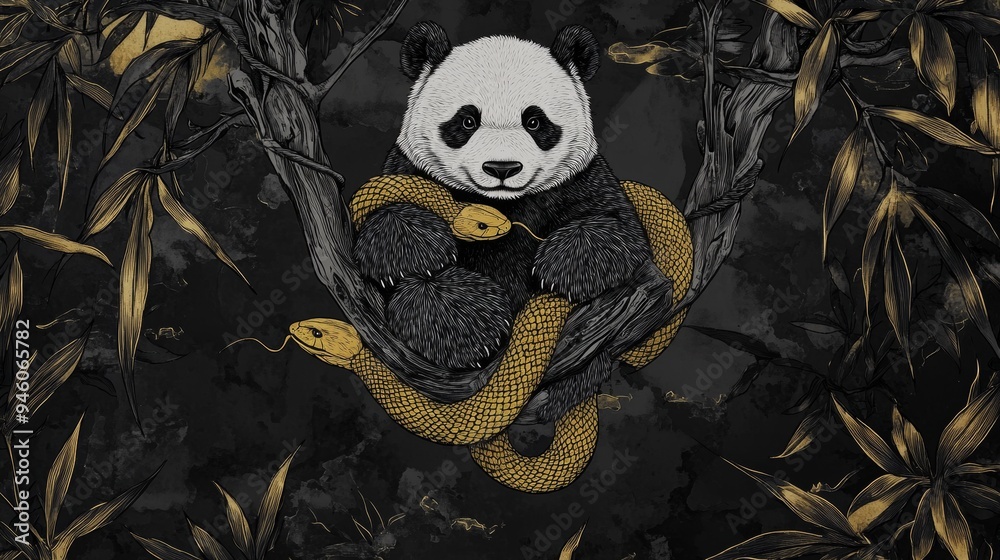 The Pandas Python data analysis package has powerful data manipulation capabilities for handling big data, symbolized by a panda and a snake on tree branches.