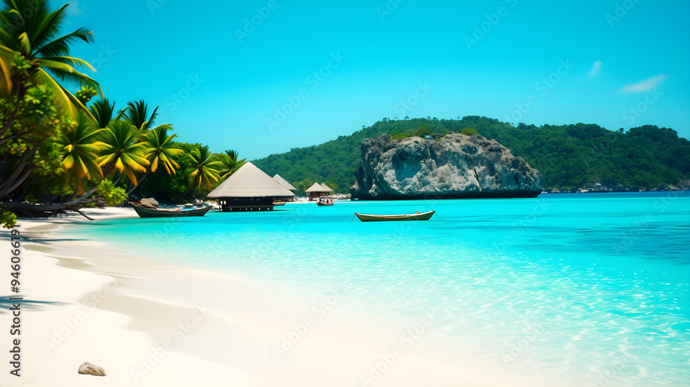 Fototapeta premium A tropical beach with crystal-clear turquoise waters and white sand