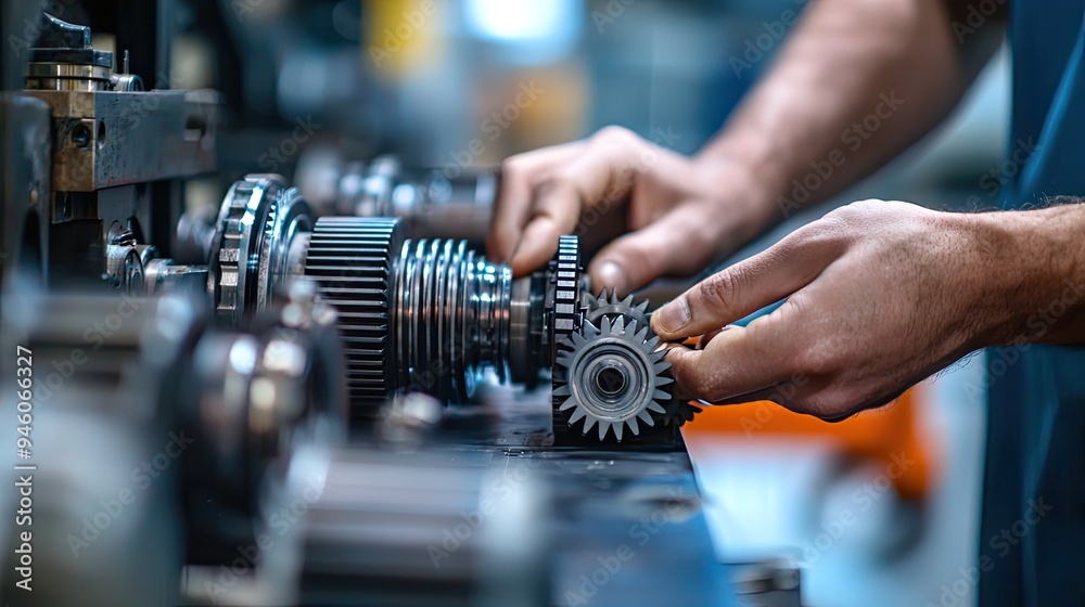 Naklejka premium A close-up of a person adjusting gears to ensure perfect alignment in a mechanical device.