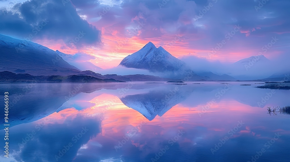Snow-capped Mountain Range Reflected in a Still Lake at Sunset Snow-capped Mountain Range Reflected in a Still Lake at Sunset
