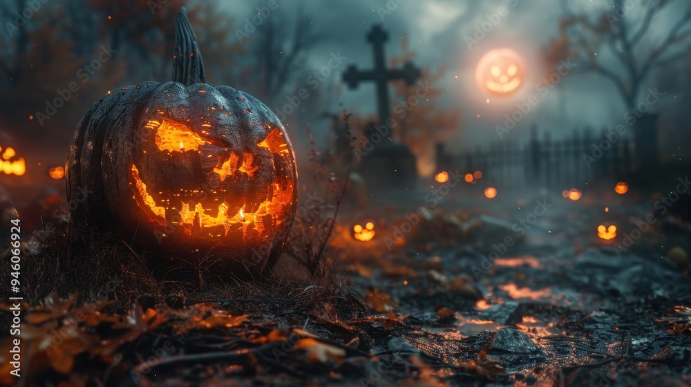 Illuminated Jack-o'-Lantern in a Foggy Graveyard Illuminated Jack-o'-Lantern in a Foggy Graveyard