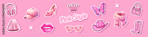 Set Female pink cowboy hat isolated illustration girl wears boots. Wild west theme. Vector Western illustration for party poster or stickers. Girl power, glamour cowgirl pink style