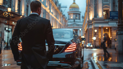 A business driver in a suit waits near a luxury car in the city center. Standing near the car, he waits for his boss, who is ready to provide transport at any moment.