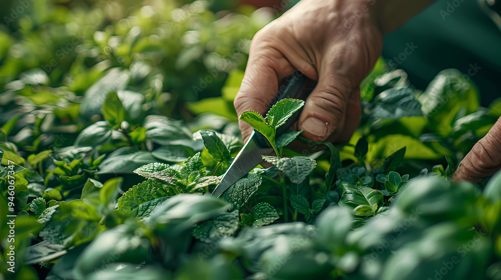 Gardener cutting spicy herbs with scissors growing at home vegetable garden, close-up view. Concept of home growing organic greens Gardener cutting spicy herbs with scissors growing at home vegetable garden, close-up view. Concept of home growing organic greens