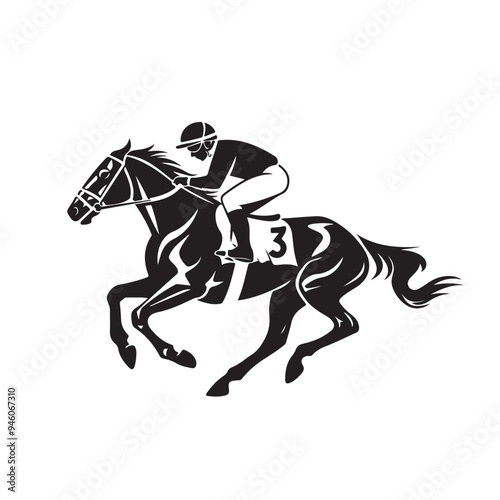 Jockey and Racehorse Silhouette: Dynamic Black Vector Illustration on a White Background for Competitive Horse Racing Sports