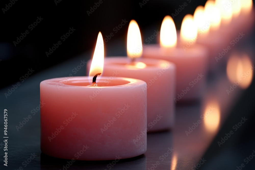 Pink Candle Vigil: A serene image of several pink candles burning in a row, with soft, warm light casting gentle shadows. The candles should be arranged on a reflective surface, and the flames should 