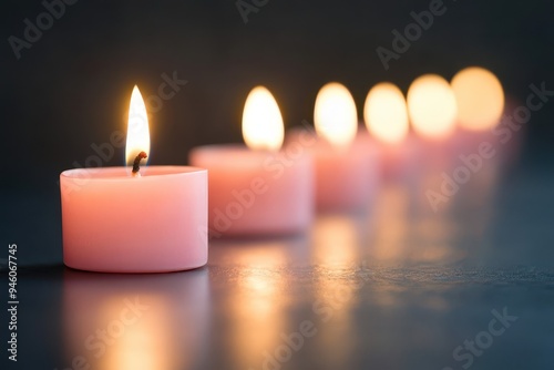 Pink Candle Vigil: A serene image of several pink candles burning in a row, with soft, warm light casting gentle shadows. The candles should be arranged on a reflective surface, and the flames should 