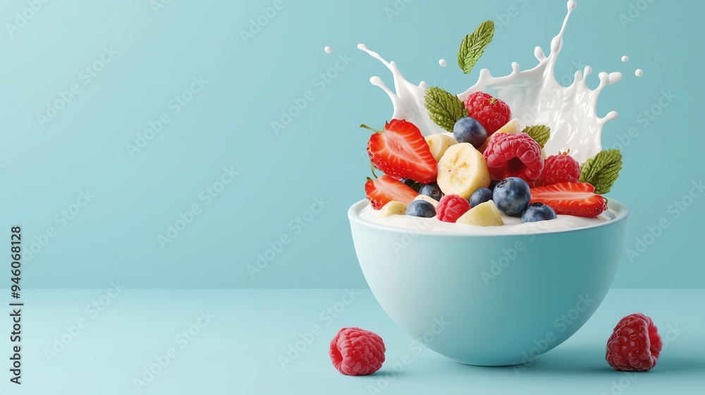Cereal bowl with milk splash, fruit toppings, 3D illustration Cereal bowl with milk splash, fruit toppings, 3D illustration