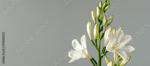 Polianthes tuberose and its buds isolated on a gray background with copyspace photo