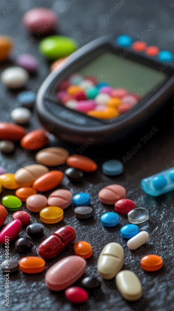 A collection of colorful pills and a glucose meter on a textured surface. A collection of colorful pills and a glucose meter on a textured surface.