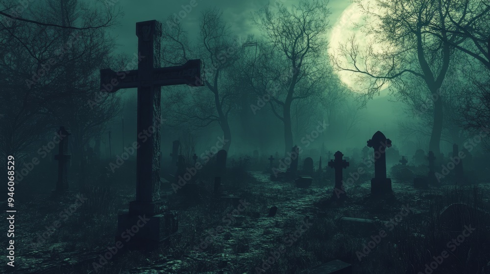 Eerie cemetery in Death Forest illuminated by a full moon on Halloween night Eerie cemetery in Death Forest illuminated by a full moon on Halloween night