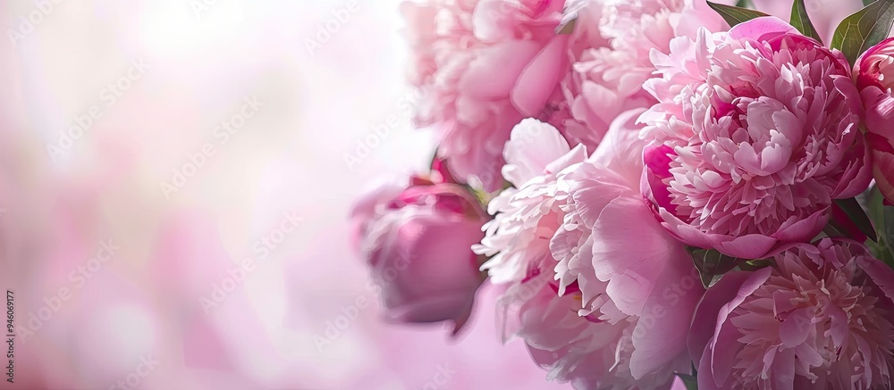 Bouquet of pink peonies set against a light board background with selective focus Garden flowers Copy space Bouquet of pink peonies set against a light board background with selective focus Garden flowers Copy space