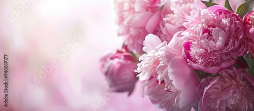 Bouquet of pink peonies set against a light board background with selective focus Garden flowers Copy space