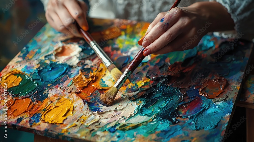 Obraz premium A close-up of an artist's hands mixing vibrant paints on a palette with a focused expression.