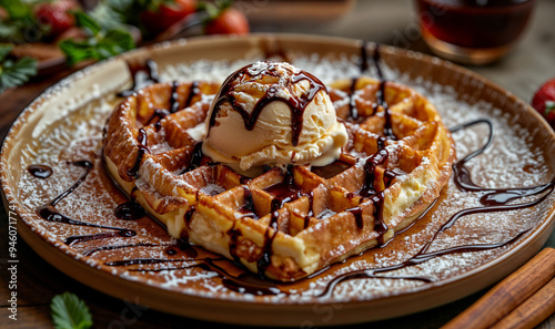 A heart shaped berries and ice cream pancake / waffle seen from above wallpaper, kitchen or bakery image backdrop with copy space 