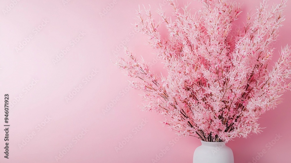 A white vase with pink flowers sits on a pink background, surrounded by a pink wall A white vase with pink flowers sits on a pink background, surrounded by a pink wall