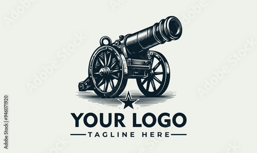 cannon with wheels and barrel vector logo cannon suitable for historical, military, and antique themes in design projects, presentations, and educational materials. photo